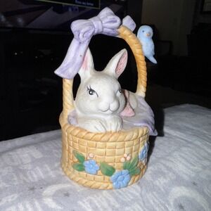 Vintage J.S.N.Y. Ceramic Bell Easter Bunny Basket Bluebird Made‎ in Sri Lanka